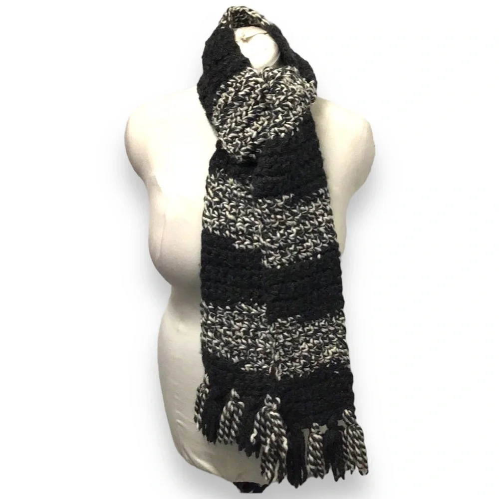 Handmade Unisex Crochet Long Scarf with Tassel Fringe, Charcoal & Ivory, OSFA
